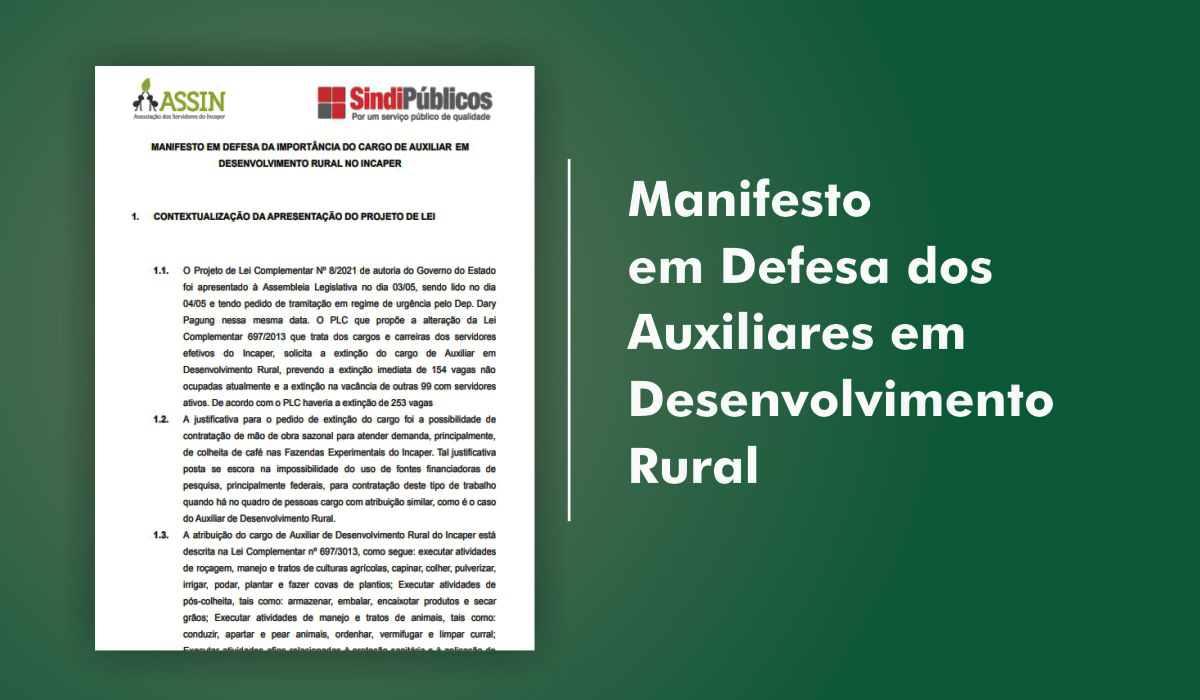 Sindipúblicos e Assin lançam manifesto em defesa dos auxiliares em desenvolvimento rural do Incaper